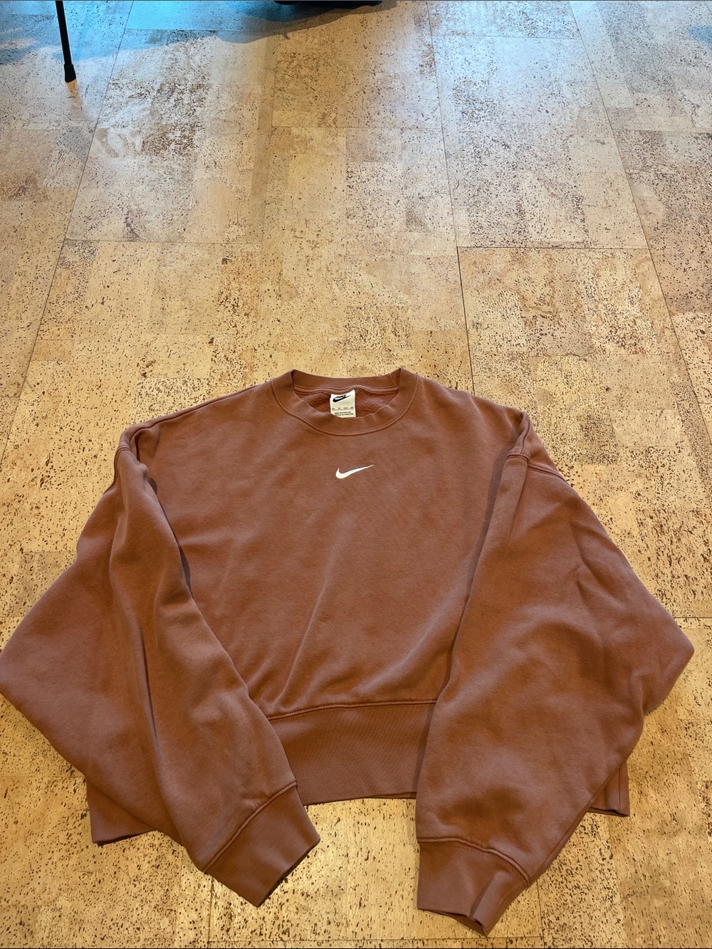 Nike Women's Cropped Crewneck Sweatshirt - Rust Brown with White Swoosh
